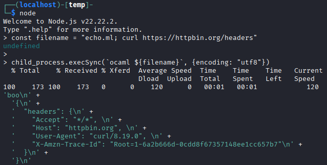 The output is printing "boo" but also response from curl command